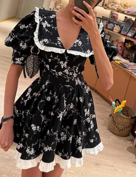 Floral Skirt Women's Printed Doll Collar Bubble Sleeve Temperament High Waist Contrasting Color A-word Dress - Aliexpress - FashionsVida