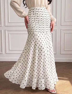 Falda larga de sirena de gasa color albaricoque claro con lunares negros para mujer, elegante vintage para uso diario, ir al trabajo y citas de verano - Shein - FashionsVida