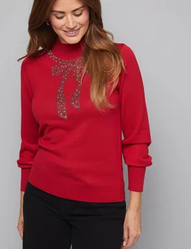 Women's Embellished Bow Blouson Jumper in Red Size: Medium - Red - Size: M - Wallis - FashionsVida