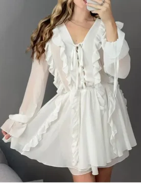 Chiffon Ruffle Dress Spring Summer New Women's Casual Long-sleeved V-neck Hollow Lace Solid Color A-line Dress Ropa Mujer - Aliexpress - FashionsVida
