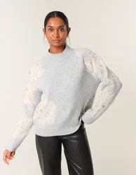 Flower Diamante Detailed Knitted Jumper - M/L / GREY/BEIGE - female