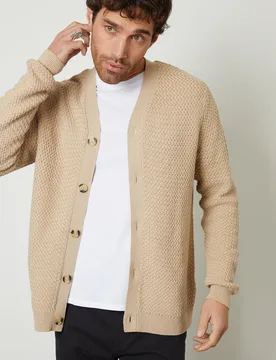 Mens Brown Basket Stitch V-Neck Cardigan Cotton - Size Small - Threadbare - FashionsVida