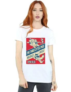 Women's Three Little Pigs & The Big Bad Wolf Cotton Boyfriend T-Shirt in White Size: 2XL - White - Size: 2XL - Disney - FashionsVida