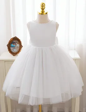 Vestido blanco sin mangas con perlas & lazos de tul de malla para niña joven, adecuado para fiestas nocturnas, cumpleaños, actuaciones, verano otoñ - Shein - FashionsVida