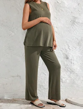 Conjunto de 2 piezas de camiseta sin mangas con cuello redondo y abertura lateral elegante para embarazadas y pantalón recto con cintura ajustable M - Shein - FashionsVida