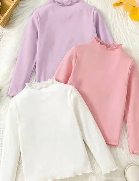 Conjunto de 3 piezas para niña pequeña, camiseta de manga larga de cuello alto, estilo casual minimalista y cómodo, rosa bebé y blanco, para la vu - Shein - FashionsVida