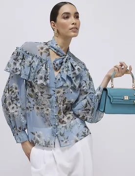 Womens Blouse Blue Floral Ruffle Tie Neck Button - Size 18 Uk - River Island - FashionsVida