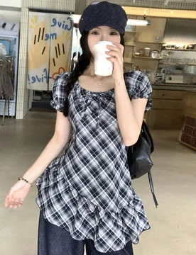Blusa casual de manga corta con cuello redondo y estampado a cuadros para mujer, top lindo estilo escolar S - Shein - FashionsVida