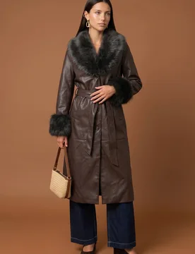 Women's PU Fur Cuff Jacket in Chocolate Size: 14 - Chocolate - Size: 14 - Urban Bliss - FashionsVida