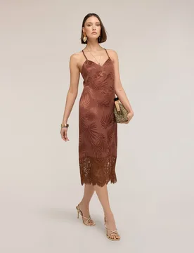 Vestido tubo en raso jacquard con encaje largo midi tirantes finos cruzados en la espalda - Motivi - FashionsVida