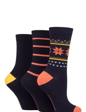 Women's 3 Pair SOCKSHOP Christmas Bamboo Socks Navy Fair Isle 4-8 Ladies - Blue - Size: Small - Lazy Panda - FashionsVida