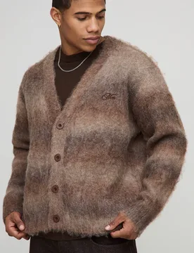 Herren Herren Boxy Fit Ombré Gebürstete Streifen Strick-Cardigan Brown Größe XL - boohooMAN - FashionsVida
