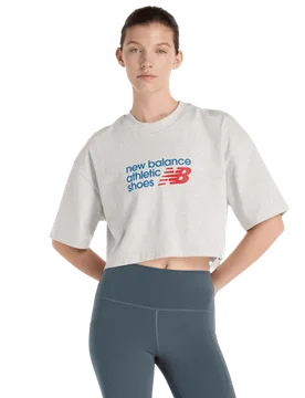 Athletics Premium Logo Cropped Tee Damen T-Shirts - Grau - Größe XS - Baumwoll-Jersey Grey XS - New Balance - FashionsVida