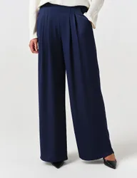Satin Pleated Wide Leg Trousers Navy female