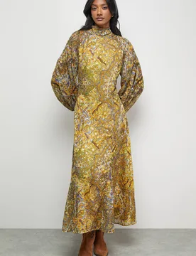 Women's Paisley Burnout Spot High Neck Godet Midi Dress in Mustard Size: 10 - Mustard - Size: 10 - Warehouse - FashionsVida