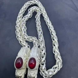 Handmade Vintage Tibetan Silver Dragon Head Necklace, Bold Double Dragon Inlaid Red Jade Oriental Statement Neck Jewelry