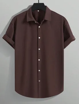 GloMan Camisa de manga corta con cuello de solapa, de punto acanalado de unicolor texturizado, estilo Old Money para hombres, ropa casual de oficina p - Shein - FashionsVida