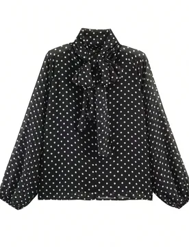 Blusa casual de mujer con estampado de lunares retro, decoración de lazo, manga larga holgada para ir al trabajo o de vacaciones, color negro XL - Shein - FashionsVida