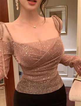 Top de manga larga con hombros descubiertos, cordón ajustable y lazo, patchwork de malla transparente, lentejuelas brillantes rosa, para mujer, veran - Shein - FashionsVida