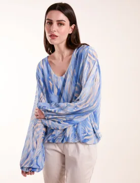 Watercolour V Neck Top - M/L / BLUE - female - Blue Vanilla - FashionsVida