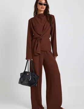 Womens Tall Woven Drape Long Sleeve Blouse & Trouser Co-Ord - Chocolate - Size 12 Uk - Boohoo - FashionsVida