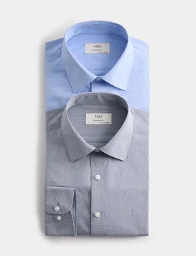 Pack Regular Fit Easy Iron Long Sleeve Shirts Blue Mix male - M&S - FashionsVida