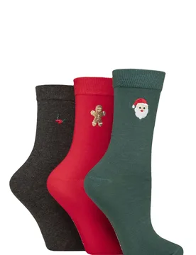 Women's 3 Pair SOCKSHOP Bamboo Embroidered Christmas Socks Santa / Gingerbread / Holly 4-8 Women's - Assorted - Size: Small - Wildfeet - FashionsVida