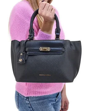 Borsa a Mano Nera con Dettagli Oro 18248-1 - DOUBLE CHECK - FashionsVida