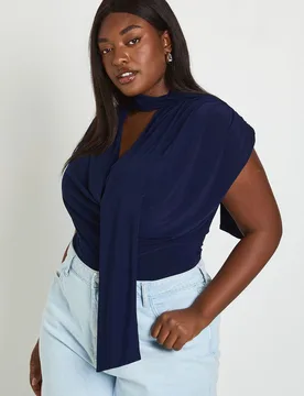 Womens Plus Double Layer Slinky Scarf Detail Ruched Shoulder Bodysuit - Navy - Size 16 Uk - Boohoo - FashionsVida