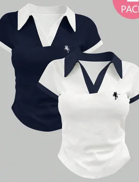 Piezas/Set Camisas polo para adolescentes, azul marino, azul oscuro, azul, azul y blanco, ajuste slim, adecuado para salidas, campus retro, logotipo c - Shein - FashionsVida