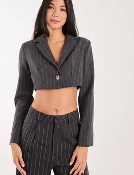 Women's Pinstripe Cropped Blazer in Charcoal Size: 12 - Charcoal - Size: 12 - Pink Vanilla - FashionsVida