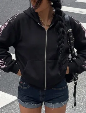 Sudadera con capucha y cremallera de manga larga con bordado de letras para mujer XS - Shein - FashionsVida