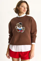 Womens Embroidered Crew Neck Long Sleeve Sweatshirt - Mocha - Size Large