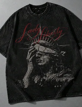 Camiseta de verano casual de talla grande para hombre con estampado de la Estatua de la Libertad lavada - Shein - FashionsVida