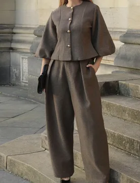 Elegante chaqueta tipo blazer retro de estilo francés para mujer con diseño de lujo y alta gama, cuello redondo, mangas abombadas, cintura ceñida y - Shein - FashionsVida