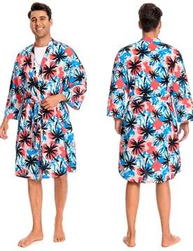 Men Floral Pattern Swim Kimono Robe Printed Bathrobe Beach Smock Cover Up Casual Open Front Long Cardigan - S - OLAOLA - FashionsVida