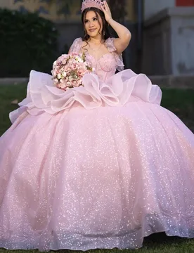 Pink Shiny Quinceanera Dresses Off The Shoulder Beading Tull Tiered Party Birthday Ball Gown Sweet 16 Dress Vestidos 15 De Anos - Aliexpress - FashionsVida