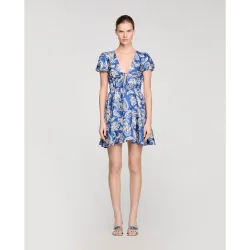Vestido corto floral con escote de pico, manga corta y cintura elástica