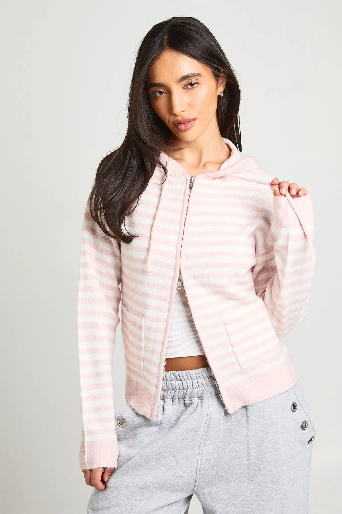 Womens Stripe Knitted Hoody - Pink - Boohoo - FashionsVida