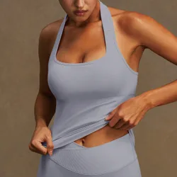 Top deportivo de yoga para mujer con cuello halter, almohadillas desmontables, espalda descubierta sexy, para entrenamiento y gimnasio, estilo Y2K, ca