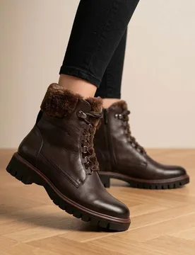 Leather Faux Fur Trim Block Heel Round Toe Ankle Boots Brown female - Jones Bootmaker - FashionsVida