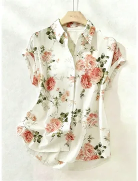 Blusa de mujer con estampado floral de peonía de manga corta, informal y holgada, cómoda, resistente a las arrugas y de fácil cuidado, adecuada par - Shein - FashionsVida