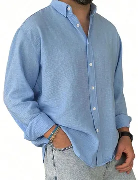 Camisa casual de manga larga azul sólido para hombre, camisa de moda minimalista para ocio al aire libre, chaqueta casual, para él XXXL - Shein - FashionsVida