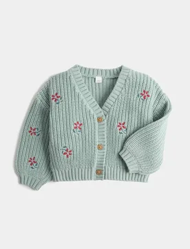 Pure Cotton Floral V-Neck Cardigan (0-5 Yrs) Green Female - M&S - FashionsVida