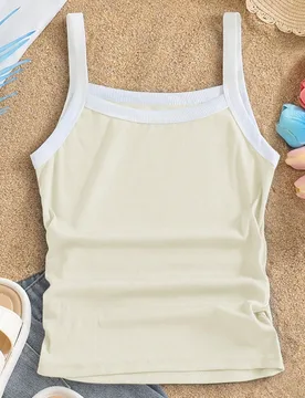 Camiseta de tirantes casual y versátil para niñas preadolescentes, camiseta de punto de ajuste ceñido y color contrastante, adecuada para salidas c - Shein - FashionsVida
