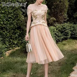 TWOTWINSTYLE Print Embroidery Spliced Sheer Mesh Dresses For Women Square Collar Short Sleeve High Waist Elegant Dress Female