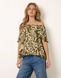 Printed Tie Front Top - M / KHAKI - female