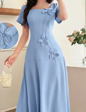 Vestido de verano elegante con cuello floral, ajustado a la cintura y vuelo S - Shein - FashionsVida
