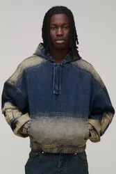 Herren Übergroßer Kastenförmiger Ballon-Schnitt Denim-Kapuzenpullover Antique Wash Größe 2XL