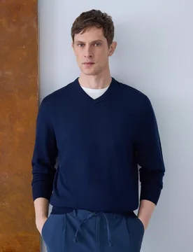 Jersey de hombre cuello pico liso 100% lana merino - Emidio Tucci - FashionsVida